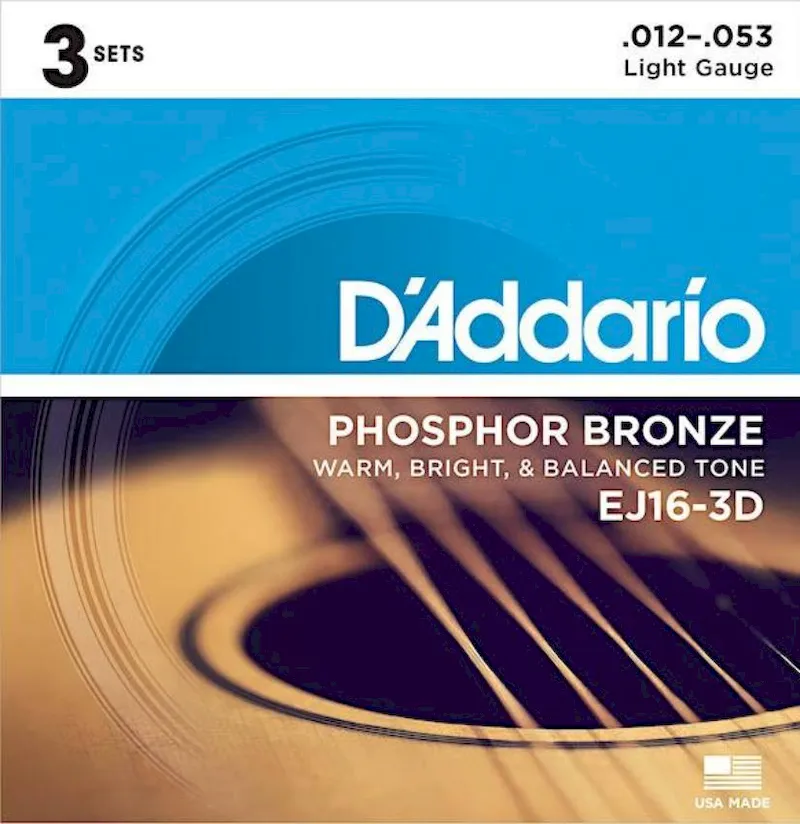 D‘Addario EJ16-3D 3-Pack Light Phosphor Bronze Acoustic Guitar Strings .012 -.056